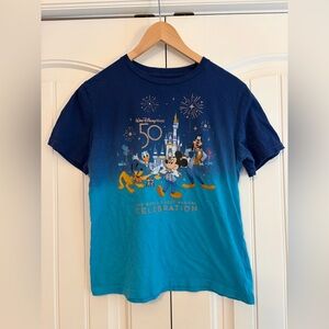 Walt Disney World 50 Year Celebration Blue Ombre Short Sleeved Kids Shirt Sz XL‎